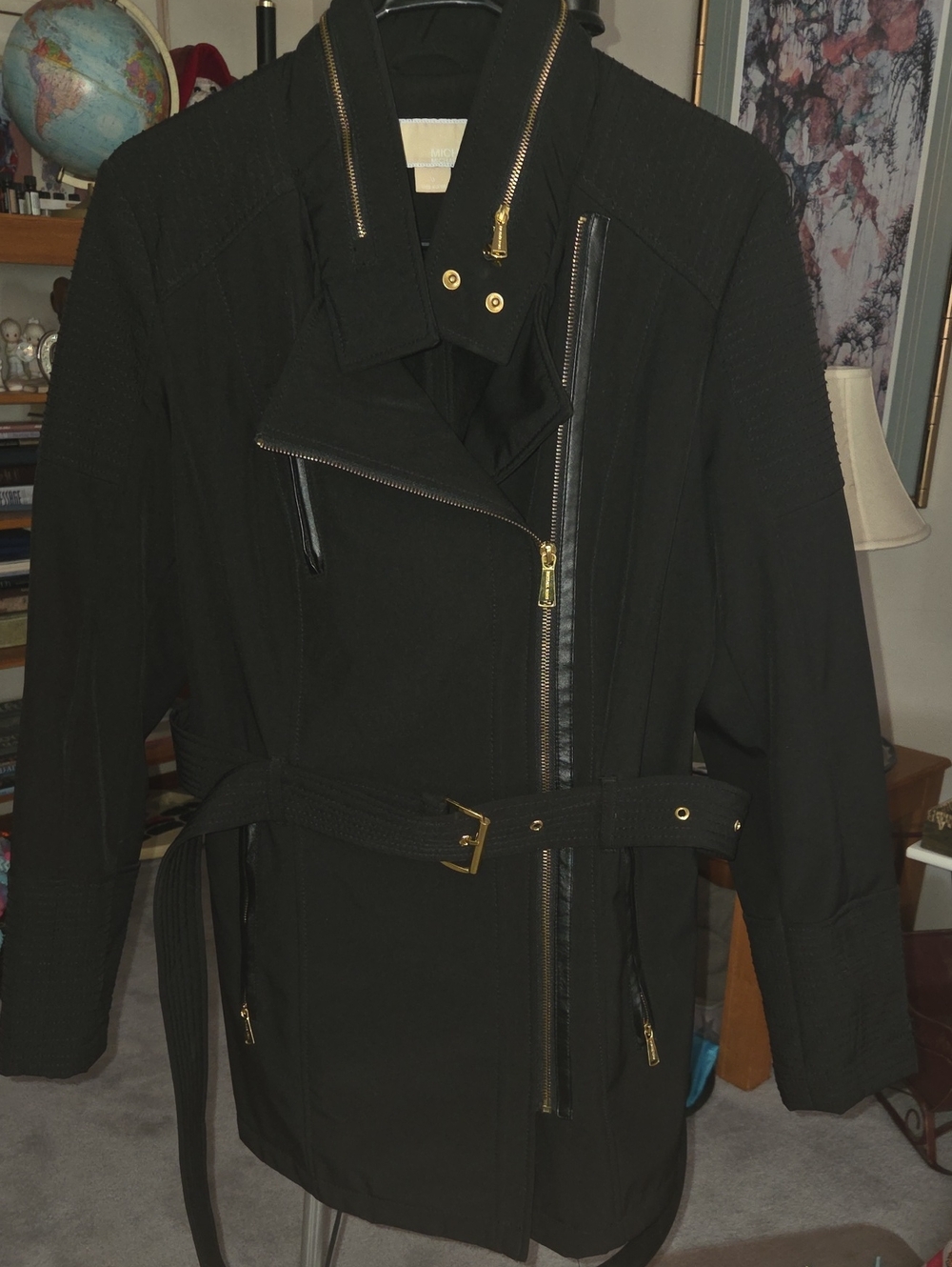 Michael Kors Black Belted Trench Coat with Gold-Tone Hardware